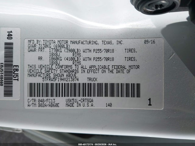 Aukcja sprzedaży 2017 Toyota Tundra Sr5 5.7l V8, vin: 5TFRW5F19HX213874, numer aukcji: 45172174