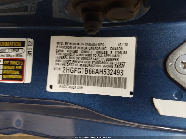 Aukcja sprzedaży 2010 Honda Civic Lx, vin: 2HGFG1B66AH532493, numer aukcji: 45172185