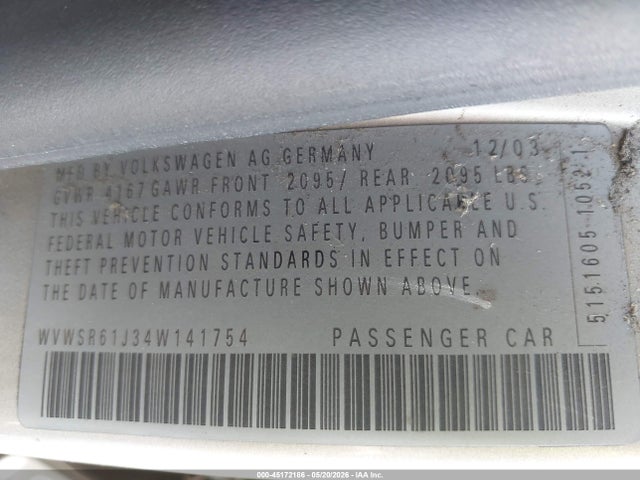 45172186 :رقم المزاد ، WVWSR61J34W141754 vin ، 2004 Volkswagen Jetta Gls Tdi مزاد بيع