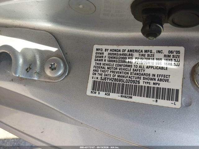 45172187 :رقم المزاد ، 5J6YH28695L020926 vin ، 2005 Honda Element Ex مزاد بيع