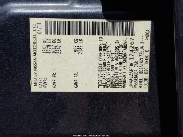 2011 Nissan Altima 2.5 S მანქანა იყიდება აუქციონზე, vin: 1N4AL2AP5BC174267, აუქციონის ნომერი: 45172192
