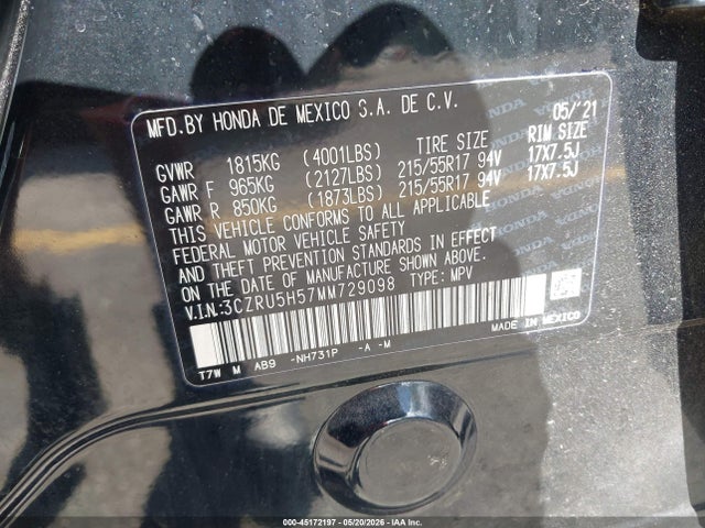 Auction sale of the 2021 Honda Hr-v 2wd Ex, vin: 3CZRU5H57MM729098, lot number: 45172197