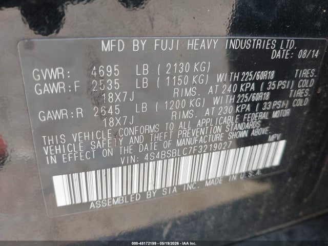Продаж на аукціоні авто 2015 Subaru Outback 2.5i Limited, vin: 4S4BSBLC7F3219027, номер лоту: 45172199