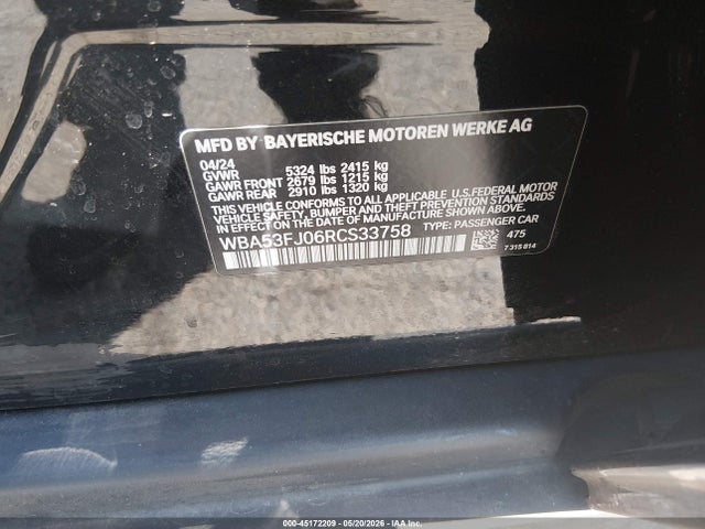 2024 Bmw 530i Xdrive მანქანა იყიდება აუქციონზე, vin: WBA53FJ06RCS33758, აუქციონის ნომერი: 45172209