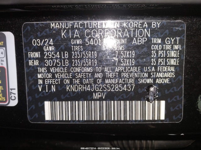 2025 Kia Sorento Hybrid Ex მანქანა იყიდება აუქციონზე, vin: KNDRH4JG2S5285437, აუქციონის ნომერი: 45172214
