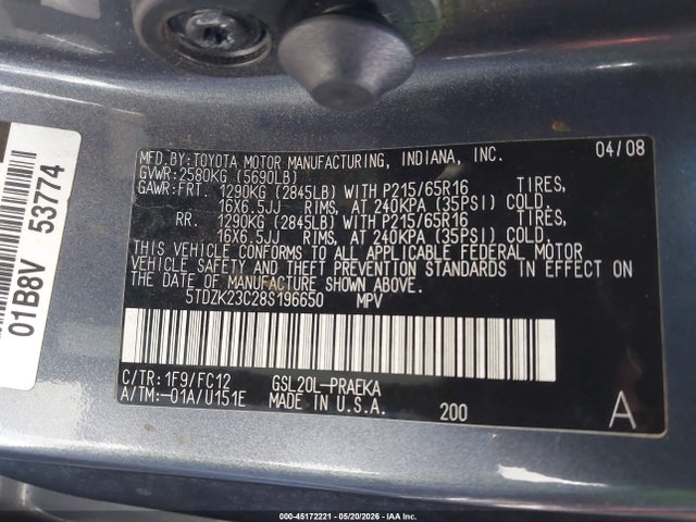 45172221 :رقم المزاد ، 5TDZK23C28S196650 vin ، 2008 Toyota Sienna Le مزاد بيع