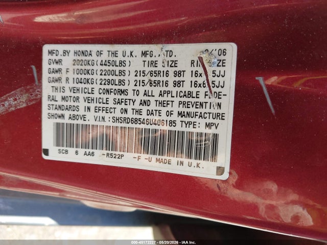 Продажа на аукционе авто 2006 Honda Cr-v Lx, vin: SHSRD68546U406185, номер лота: 45172227