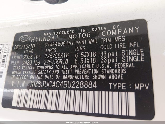 Aukcja sprzedaży 2011 Hyundai Tucson Limited, vin: KM8JUCAC4BU228884, numer aukcji: 45172228