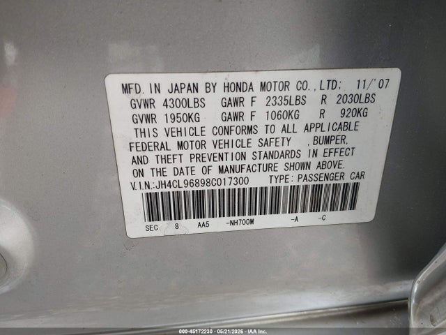 2008 Acura Tsx მანქანა იყიდება აუქციონზე, vin: JH4CL96898C017300, აუქციონის ნომერი: 45172230