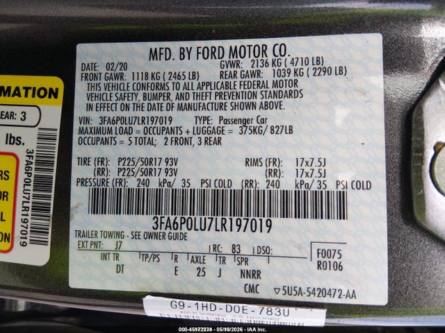 Auction sale of the 2020 Ford Fusion Hybrid Se, vin: 3FA6P0LU7LR197019, lot number: 45172234