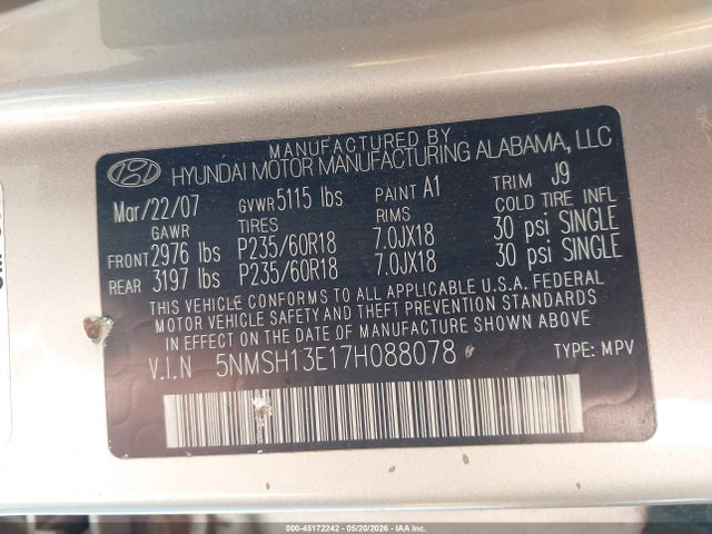 45172242 :رقم المزاد ، 5NMSH13E17H088078 vin ، 2007 Hyundai Santa Fe Limited/se مزاد بيع