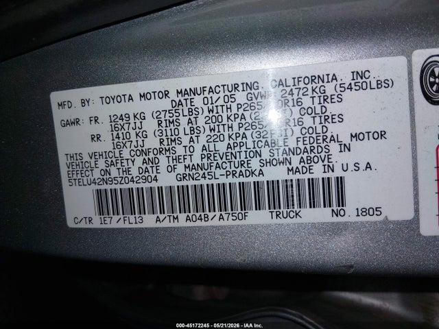 Aukcja sprzedaży 2005 Toyota Tacoma Base V6, vin: 5TELU42N95Z042904, numer aukcji: 45172245