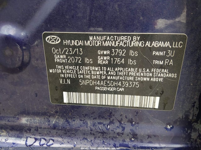 45172250 :رقم المزاد ، 5NPDH4AE5DH439375 vin ، 2013 Hyundai Elantra Gls مزاد بيع
