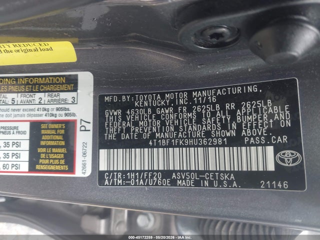 45172259 :رقم المزاد ، 4T1BF1FK9HU362981 vin ، 2017 Toyota Camry Se مزاد بيع