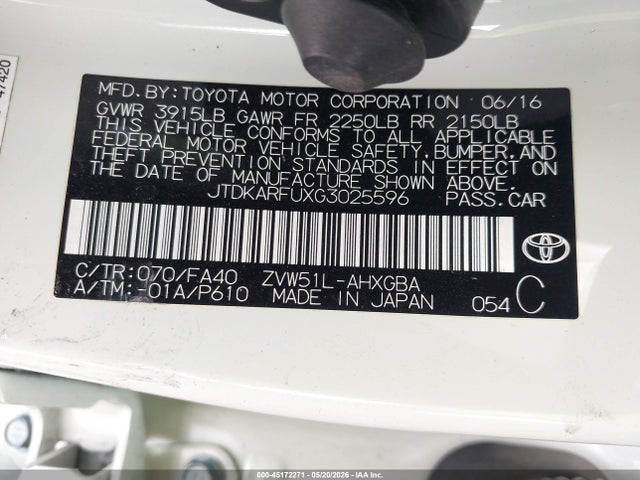 Aukcja sprzedaży 2016 Toyota Prius Three, vin: JTDKARFUXG3025596, numer aukcji: 45172271
