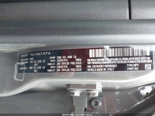 45172290 :رقم المزاد ، ZACNJDE11NPN50821 vin ، 2022 Jeep Renegade Altitude 4x4 مزاد بيع