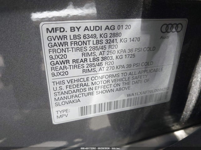 45172292 :رقم المزاد ، WA1LXAF70LD004253 vin ، 2020 Audi Q7 Premium Plus 55 Tfsi Quattro Tiptronic مزاد بيع
