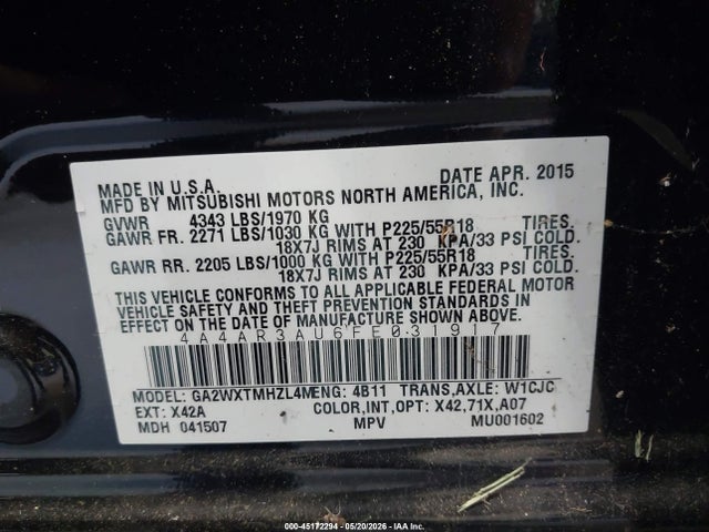 Продаж на аукціоні авто 2015 Mitsubishi Outlander Sport Es, vin: 4A4AR3AU6FE031917, номер лоту: 45172294