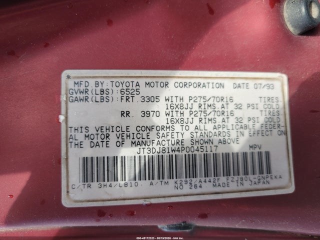 Aukcja sprzedaży 1993 Toyota Land Cruiser Dj81, vin: JT3DJ81W4P0045117, numer aukcji: 45172323