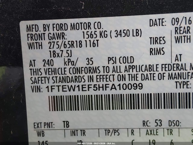 Auction sale of the 2017 Ford F-150 Xlt, vin: 1FTEW1EF5HFA10099, lot number: 45172326