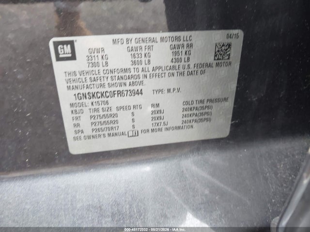 Aukcja sprzedaży 2015 Chevrolet Tahoe Ltz, vin: 1GNSKCKC0FR673944, numer aukcji: 45172332