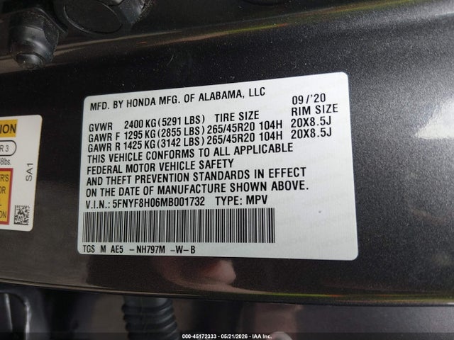 45172333 :رقم المزاد ، 5FNYF8H06MB001732 vin ، 2021 Honda Passport Awd Elite مزاد بيع