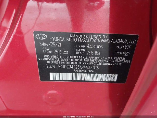 Aukcja sprzedaży 2021 Hyundai Sonata Sel Plus, vin: 5NPEJ4J23MH133015, numer aukcji: 45172338
