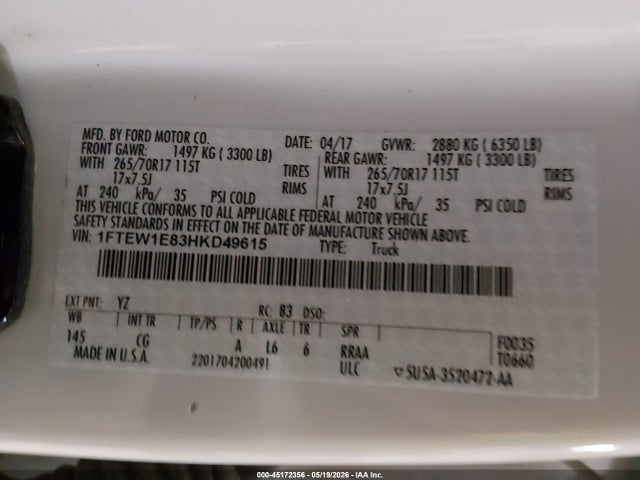 Aukcja sprzedaży 2017 Ford F-150 Xl, vin: 1FTEW1E83HKD49615, numer aukcji: 45172356