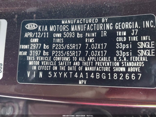 Продажа на аукционе авто 2011 Kia Sorento Lx, vin: 5XYKT4A14BG182667, номер лота: 45172364