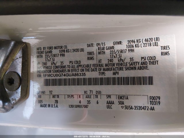 45172370 :رقم المزاد ، 1FMCU0G74GUA86335 vin ، 2016 Ford Escape Se مزاد بيع