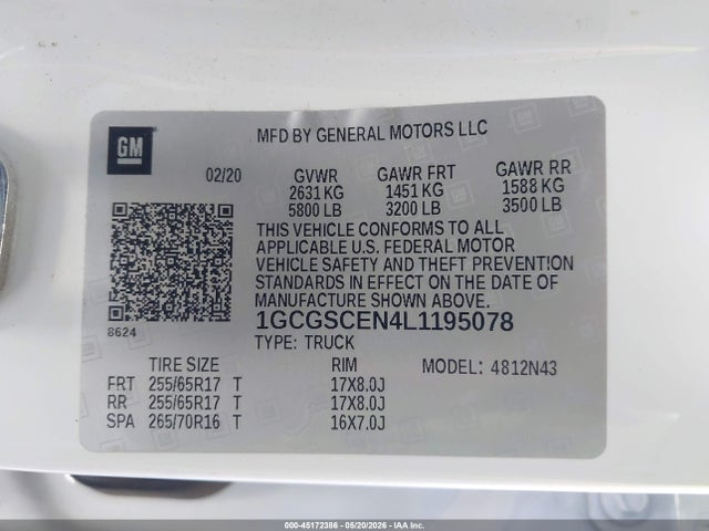 45172386 :رقم المزاد ، 1GCGSCEN4L1195078 vin ، 2020 Chevrolet Colorado 2wd  Short Box Lt مزاد بيع