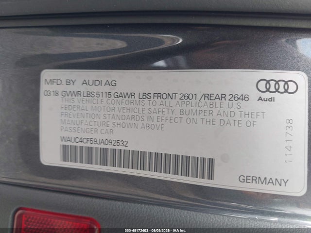 Продаж на аукціоні авто 2018 Audi S5 3.0t Premium Plus, vin: WAUC4CF59JA092532, номер лоту: 45172403