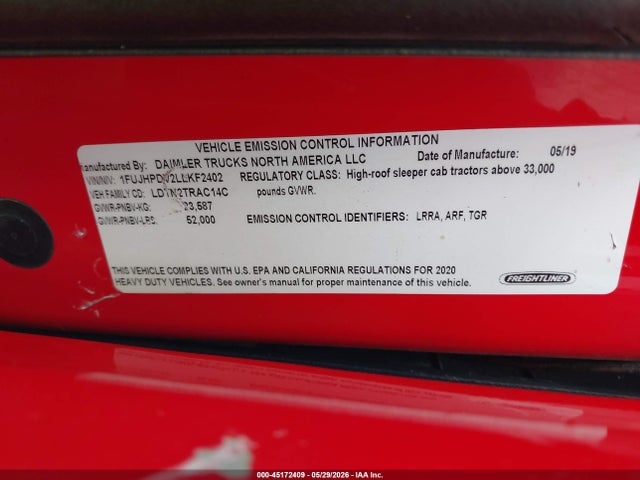 Aukcja sprzedaży 2020 Freightliner New Cascadia 116, vin: 1FUJHPDV2LLKF2402, numer aukcji: 45172409