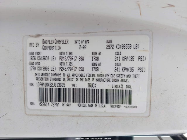 Aukcja sprzedaży 2002 Dodge Ram 1500 St, vin: 1D7HA16K62J213665, numer aukcji: 45172425