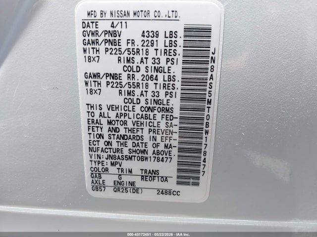 45172451 :رقم المزاد ، JN8AS5MT0BW178477 vin ، 2011 Nissan Rogue Sv مزاد بيع