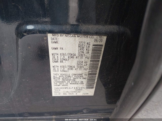 Продажа на аукционе авто 2020 Nissan Frontier Long Bed Sv 4x4, vin: 1N6ED0FB9LN716595, номер лота: 45172453