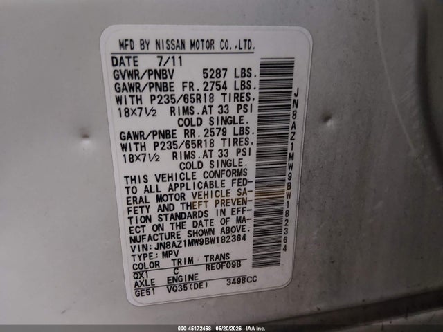 2011 Nissan Murano Sv მანქანა იყიდება აუქციონზე, vin: JN8AZ1MW9BW182364, აუქციონის ნომერი: 45172468