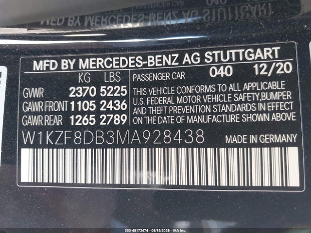 45172474 :رقم المزاد ، W1KZF8DB3MA928438 vin ، 2021 Mercedes-benz E 350 مزاد بيع