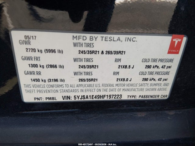 Tesla Model S 100d/60d/75d/90d/p100d 2017 5YJSA1E49HF197223 Image 9