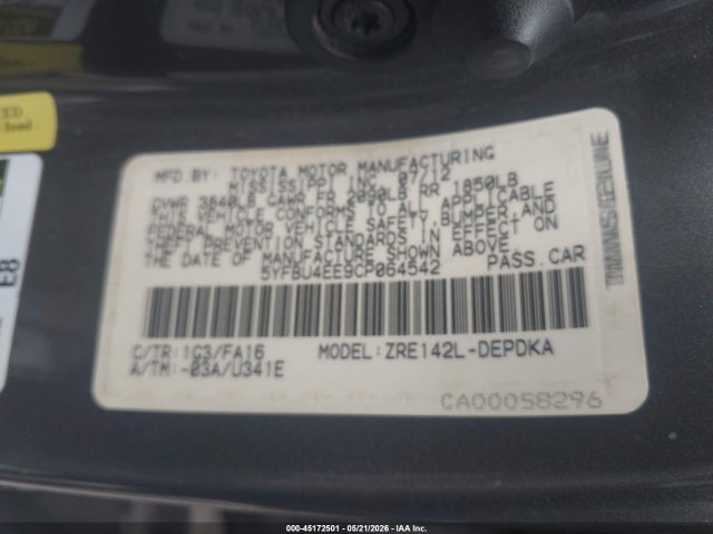 Aukcja sprzedaży 2012 Toyota Corolla L, vin: 5YFBU4EE9CP064542, numer aukcji: 45172501