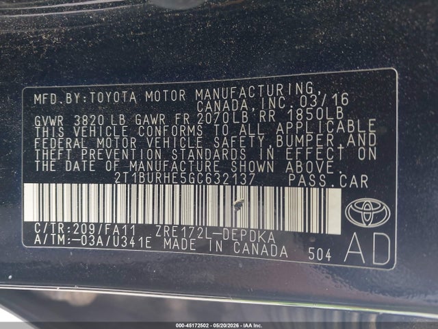 2016 Toyota Corolla L მანქანა იყიდება აუქციონზე, vin: 2T1BURHE5GC632137, აუქციონის ნომერი: 45172502