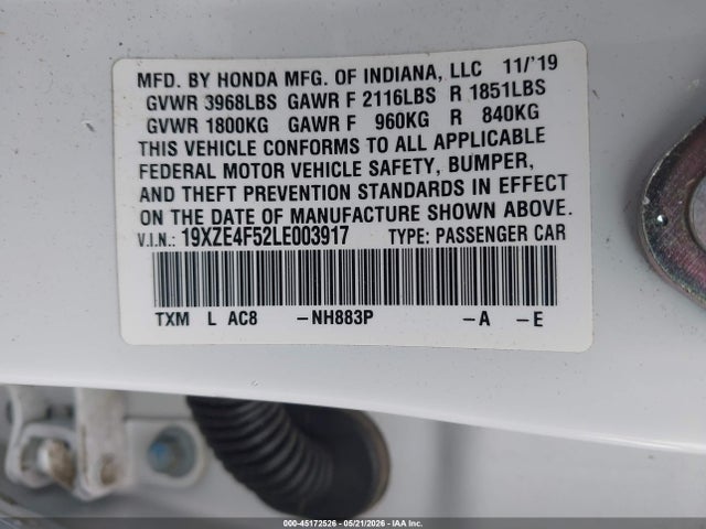 Aukcja sprzedaży 2020 Honda Insight Ex, vin: 19XZE4F52LE003917, numer aukcji: 45172526