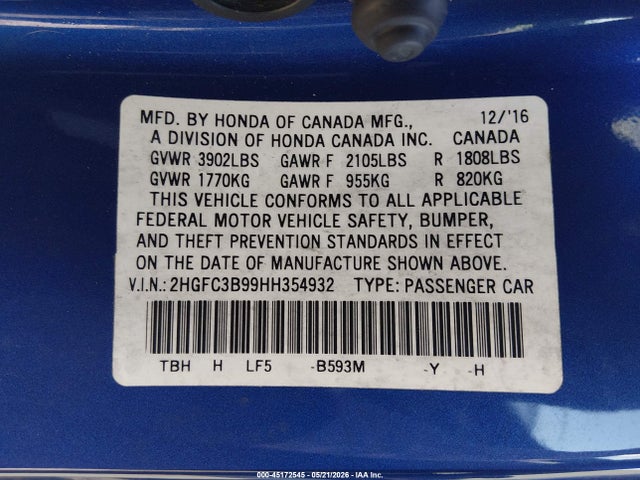 Honda Civic Touring 2017 2HGFC3B99HH354932 Image 9
