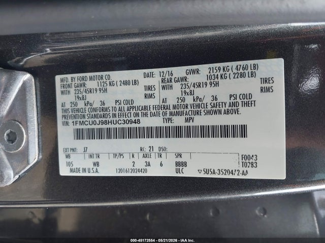 Продаж на аукціоні авто 2017 Ford Escape Titanium, vin: 1FMCU0J98HUC30948, номер лоту: 45172554