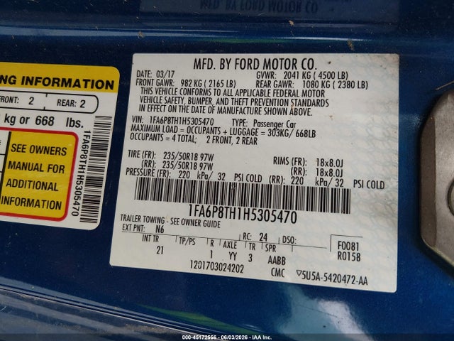 Auction sale of the 2017 Ford Mustang Ecoboost, vin: 1FA6P8TH1H5305470, lot number: 45172556