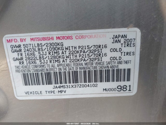 Aukcja sprzedaży 2007 Mitsubishi Outlander Es/ls, vin: JA4MS31X37Z004102, numer aukcji: 45172557
