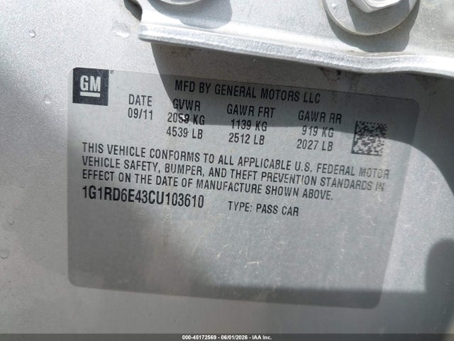 45172569 :رقم المزاد ، 1G1RD6E43CU103610 vin ، 2012 Chevrolet Volt مزاد بيع