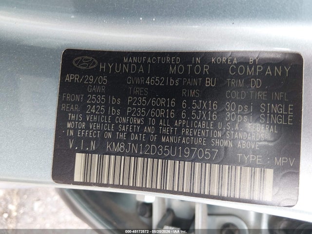 Продаж на аукціоні авто 2005 Hyundai Tucson Gls/lx, vin: KM8JN12D35U197057, номер лоту: 45172572