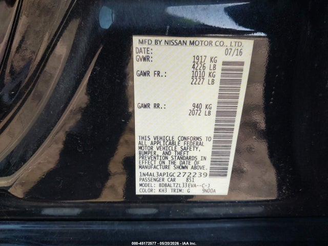 Aukcja sprzedaży 2016 Nissan Altima 2.5 Sl, vin: 1N4AL3AP1GC272239, numer aukcji: 45172577