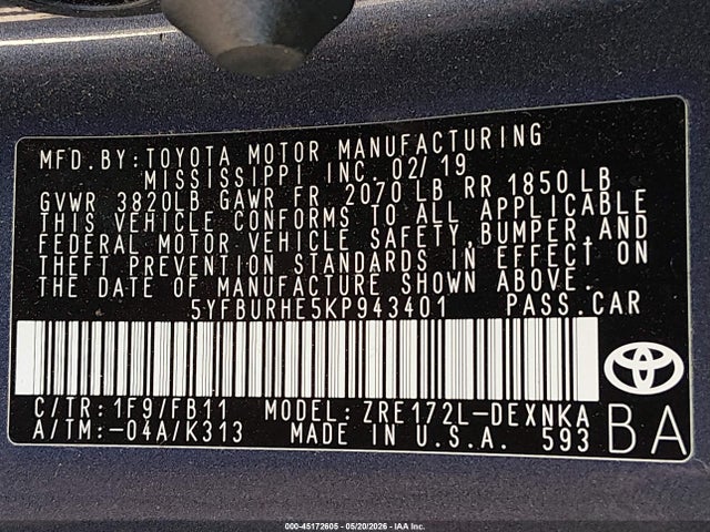 45172605 :رقم المزاد ، 5YFBURHE5KP943401 vin ، 2019 Toyota Corolla Le مزاد بيع